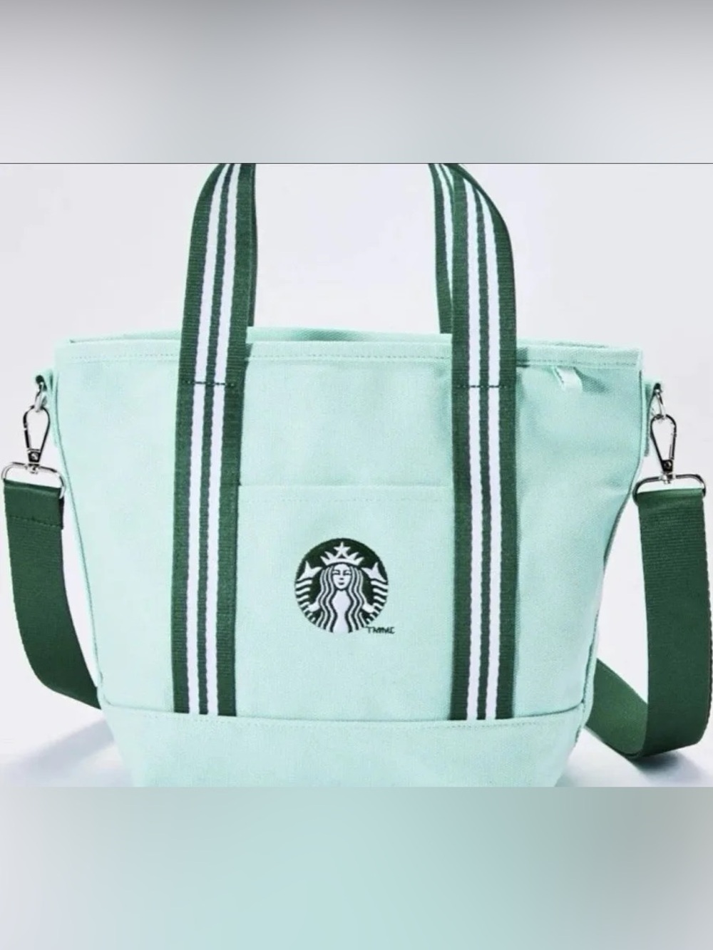 Starbucks Mint Green Canvas Tote with Dark Green Striped Handles